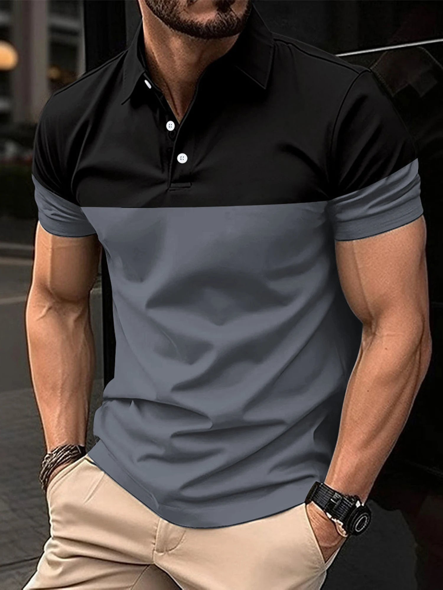 Casual Men s V Neck T-Shirt with Button Lapel and Stylish Contrast Color Design Perfect for Summer Outfits - Clothesfassion.store
