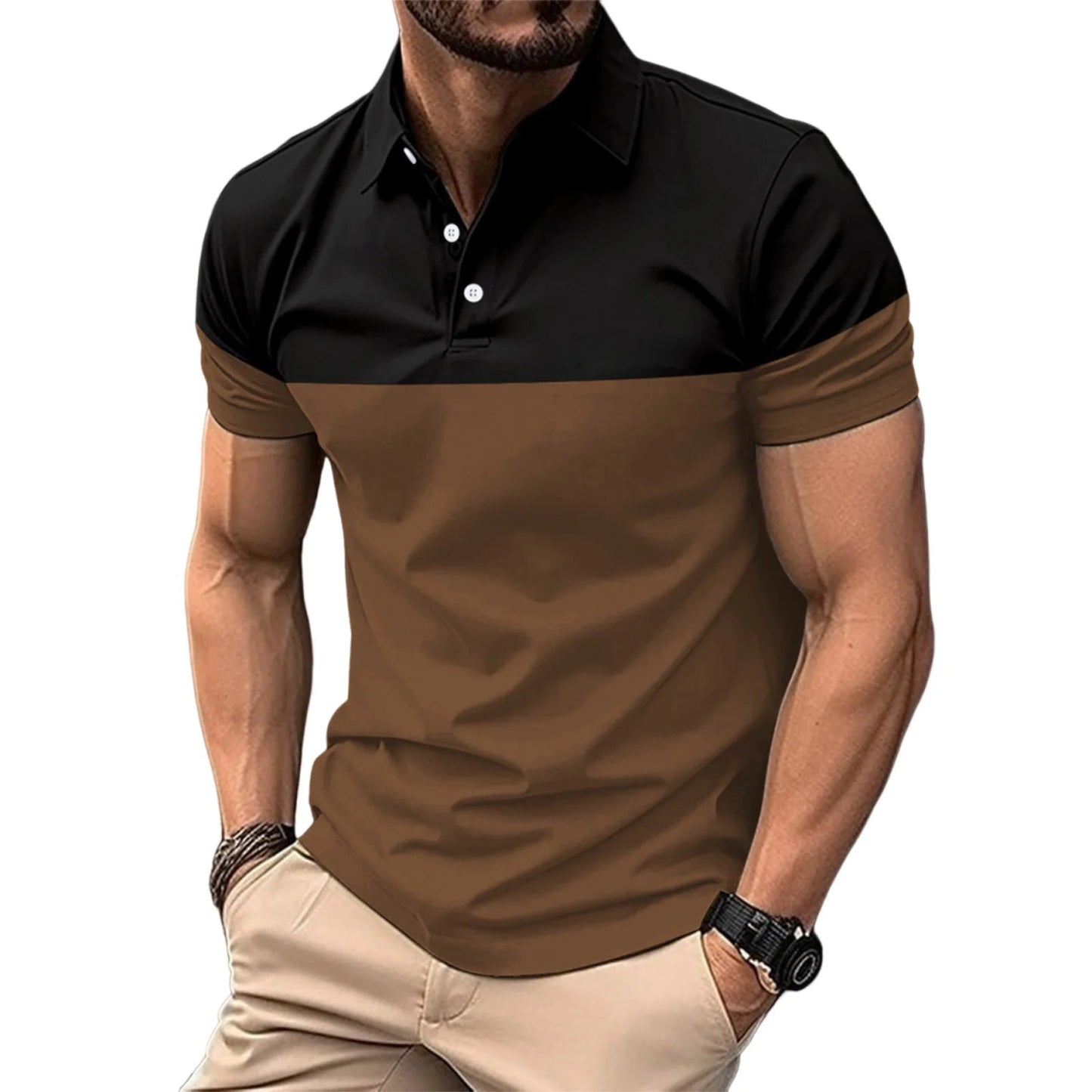 Casual Men s V Neck T-Shirt with Button Lapel and Stylish Contrast Color Design Perfect for Summer Outfits - Clothesfassion.store