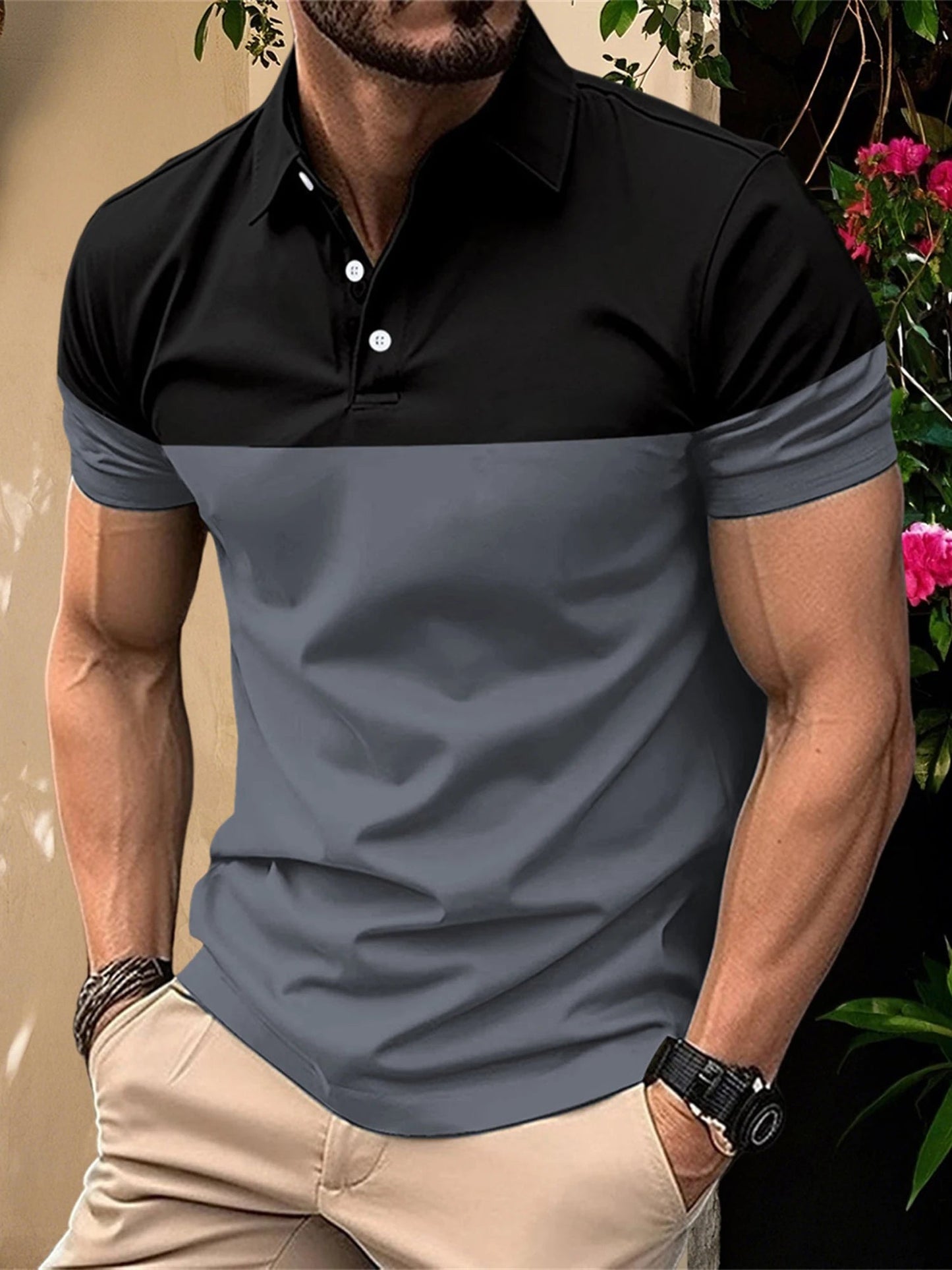Casual Men s V Neck T-Shirt with Button Lapel and Stylish Contrast Color Design Perfect for Summer Outfits - Clothesfassion.store