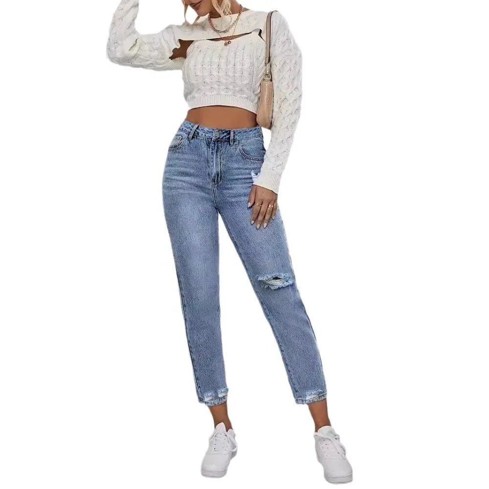 Casual Washed Ripped Jeans for Women Spring and Summer New Fashion Straight Nine Minutes of Pants Women - Clothesfassion.store
