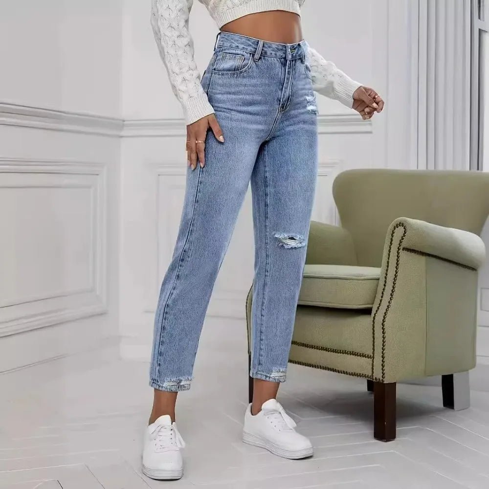 Casual Washed Ripped Jeans for Women Spring and Summer New Fashion Straight Nine Minutes of Pants Women - Clothesfassion.store