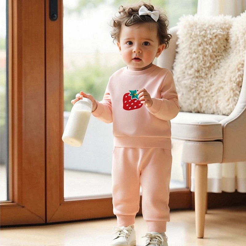 Cute Toddler Girl Autumn Ensemble Adorable Strawberry Embroidered Crew Neck Sweatshirt with Matching Long Pants 2 - Piece Set - Clothesfassion.store