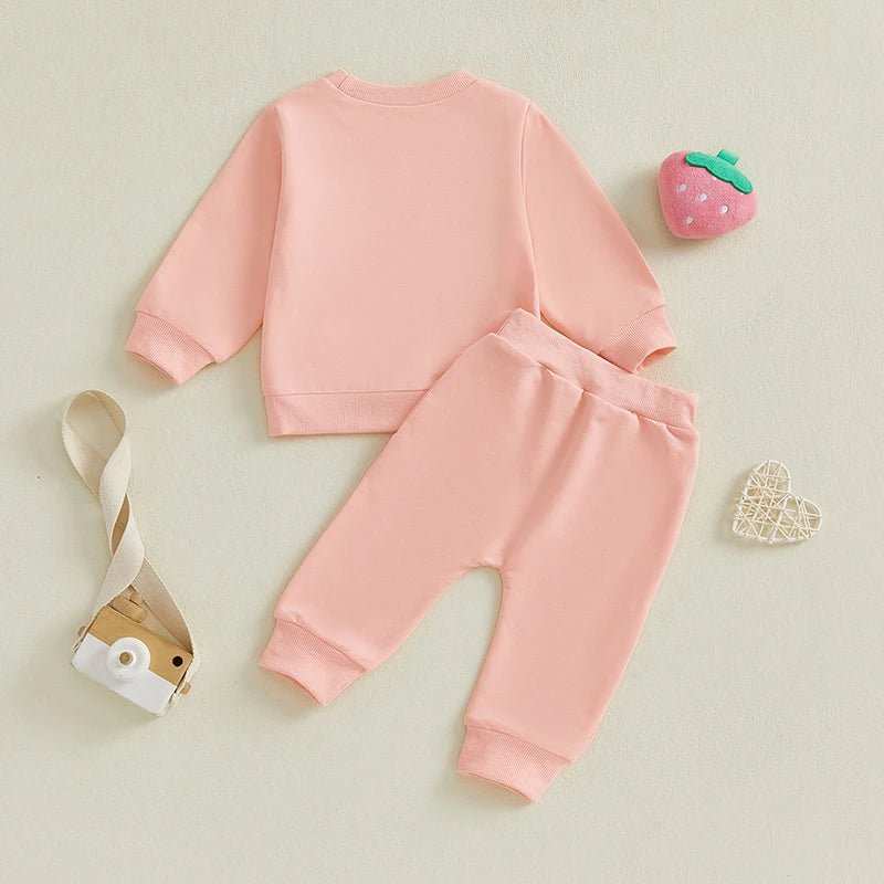 Cute Toddler Girl Autumn Ensemble Adorable Strawberry Embroidered Crew Neck Sweatshirt with Matching Long Pants 2 - Piece Set - Clothesfassion.store
