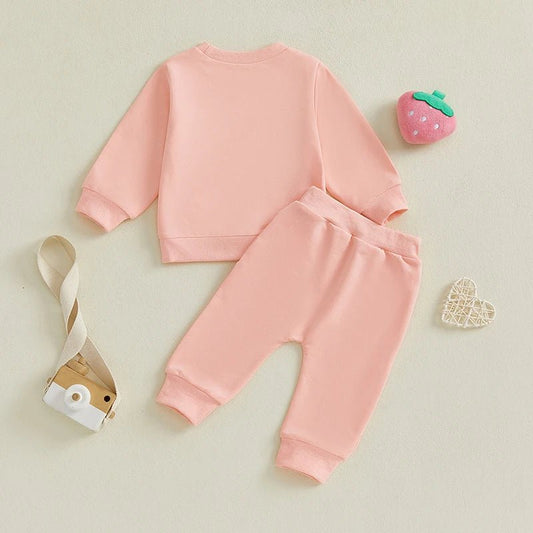 Cute Toddler Girl Autumn Ensemble Adorable Strawberry Embroidered Crew Neck Sweatshirt with Matching Long Pants 2 - Piece Set - Clothesfassion.store