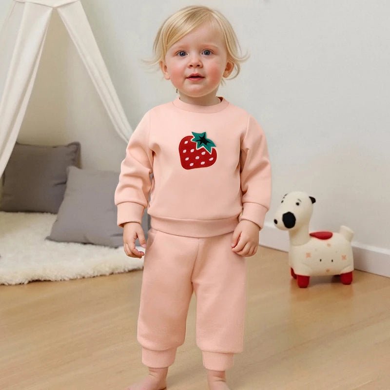 Cute Toddler Girl Autumn Ensemble Adorable Strawberry Embroidered Crew Neck Sweatshirt with Matching Long Pants 2 - Piece Set - Clothesfassion.store