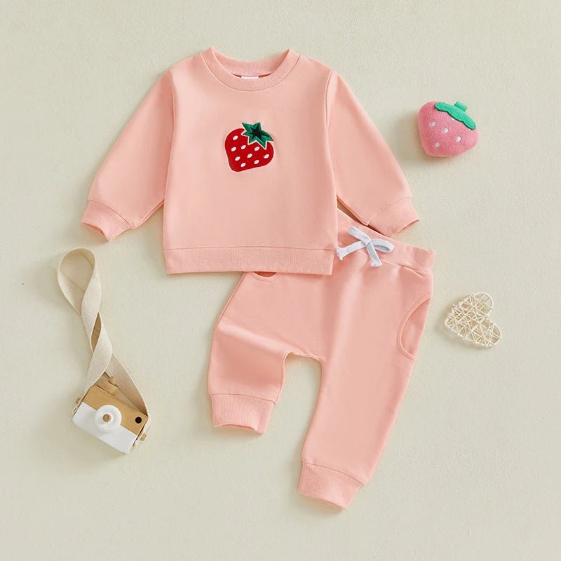 Cute Toddler Girl Autumn Ensemble Adorable Strawberry Embroidered Crew Neck Sweatshirt with Matching Long Pants 2 - Piece Set - Clothesfassion.store