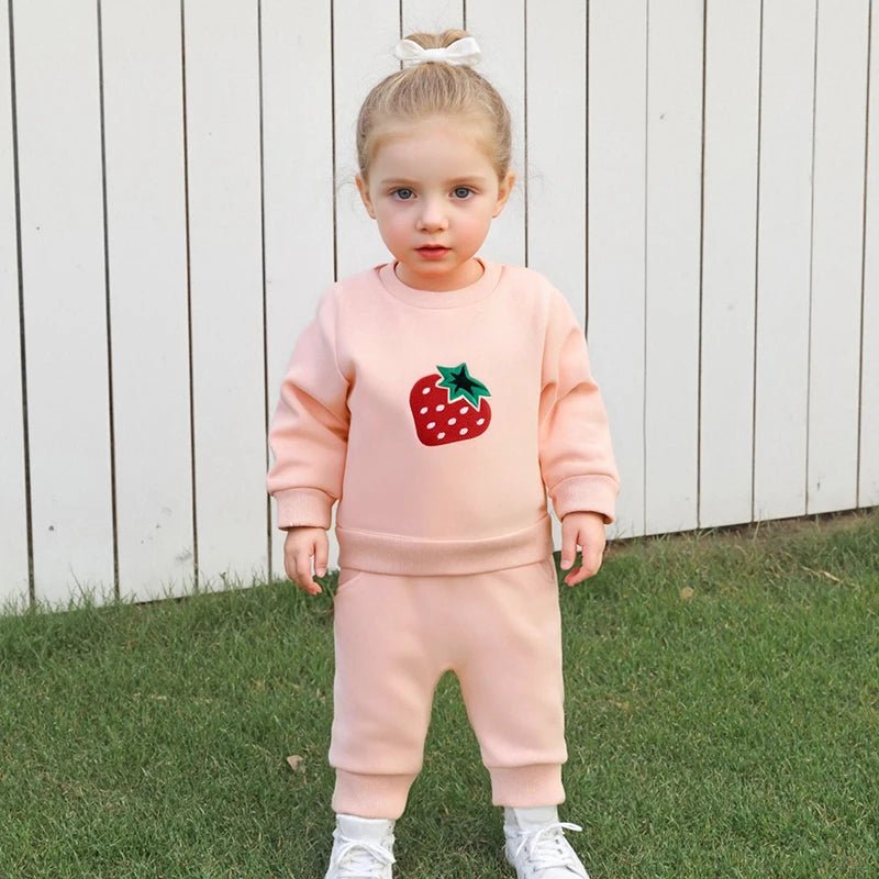 Cute Toddler Girl Autumn Ensemble Adorable Strawberry Embroidered Crew Neck Sweatshirt with Matching Long Pants 2 - Piece Set - Clothesfassion.store