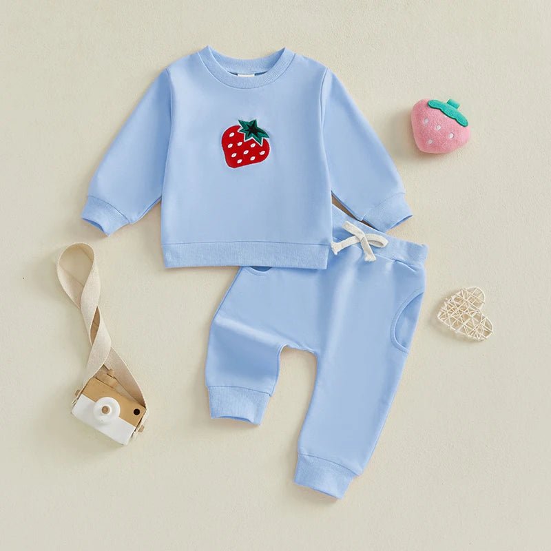 Cute Toddler Girl Autumn Ensemble Adorable Strawberry Embroidered Crew Neck Sweatshirt with Matching Long Pants 2 - Piece Set - Clothesfassion.store