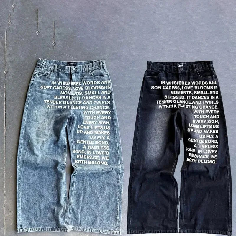 Deeptown Vintage Letter Print Women Man Jeans Y2k Harajuku Washed Wide Leg American Style Denim Pants Baggy Hip Hop Streetwear - Clothesfassion.store