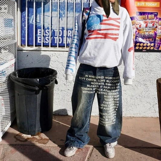 Deeptown Vintage Letter Print Women Man Jeans Y2k Harajuku Washed Wide Leg American Style Denim Pants Baggy Hip Hop Streetwear - Clothesfassion.store
