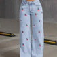 Denim Wide Leg Pants Women Jeans Embroidery High Waist Distressed Washed Mom Pockets Vintage Floor Length Trousers Streetwear - Clothesfassion.store