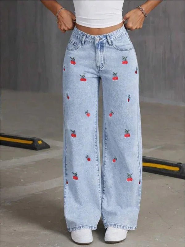 Denim Wide Leg Pants Women Jeans Embroidery High Waist Distressed Washed Mom Pockets Vintage Floor Length Trousers Streetwear - Clothesfassion.store