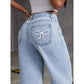 Denim Wide Leg Pants Women Jeans Embroidery High Waist Distressed Washed Mom Pockets Vintage Floor Length Trousers Streetwear - Clothesfassion.store