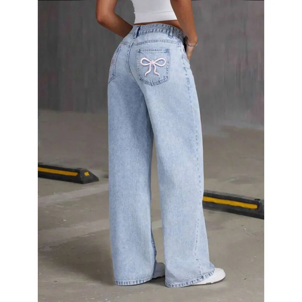 Denim Wide Leg Pants Women Jeans Embroidery High Waist Distressed Washed Mom Pockets Vintage Floor Length Trousers Streetwear - Clothesfassion.store