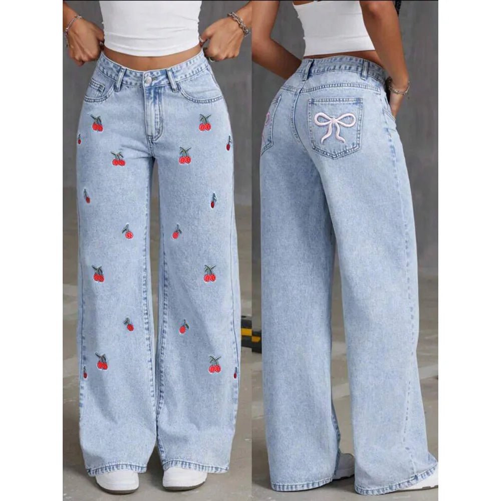 Denim Wide Leg Pants Women Jeans Embroidery High Waist Distressed Washed Mom Pockets Vintage Floor Length Trousers Streetwear - Clothesfassion.store