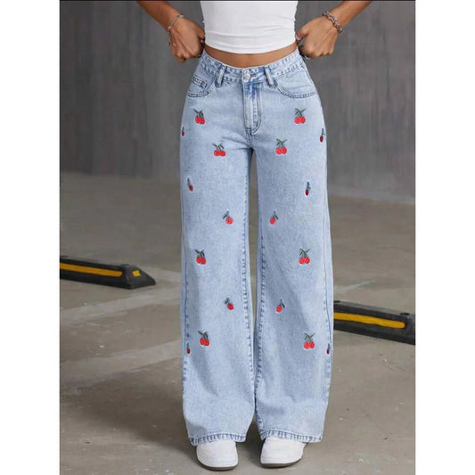 Denim Wide Leg Pants Women Jeans Embroidery High Waist Distressed Washed Mom Pockets Vintage Floor Length Trousers Streetwear - Clothesfassion.store