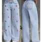 Denim Wide Leg Pants Women Jeans Embroidery High Waist Distressed Washed Mom Pockets Vintage Floor Length Trousers Streetwear - Clothesfassion.store