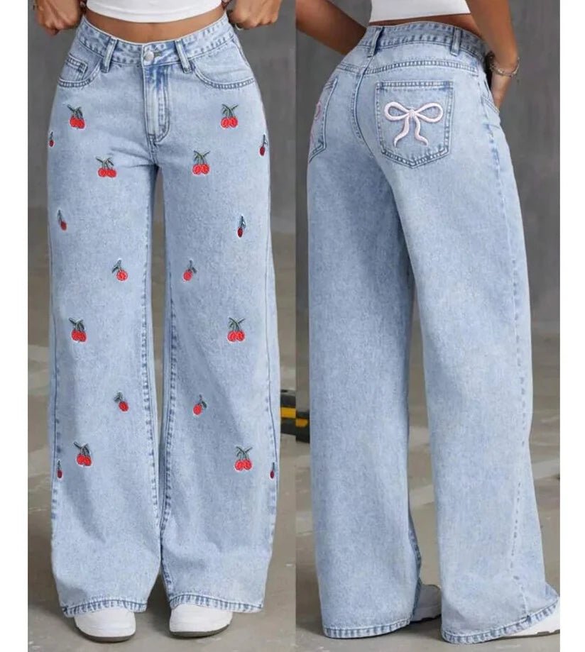 Denim Wide Leg Pants Women Jeans Embroidery High Waist Distressed Washed Mom Pockets Vintage Floor Length Trousers Streetwear - Clothesfassion.store
