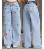 Denim Wide Leg Pants Women Jeans Embroidery High Waist Distressed Washed Mom Pockets Vintage Floor Length Trousers Streetwear - Clothesfassion.store