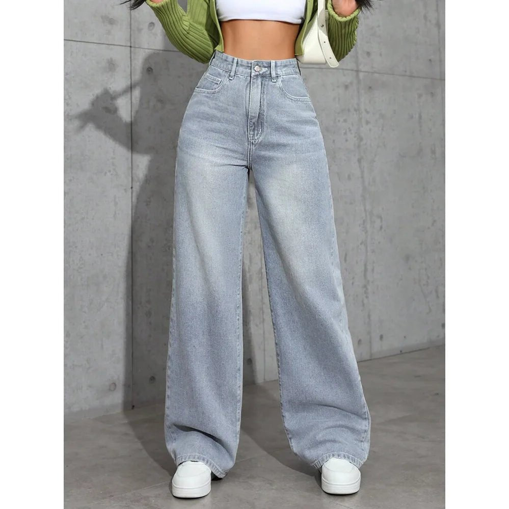 Denim Wide Leg Pants Women Jeans High Waist Straight Trousers Distressed Washed Pockets 2025 Loose Floor Length Streetwear - Clothesfassion.store