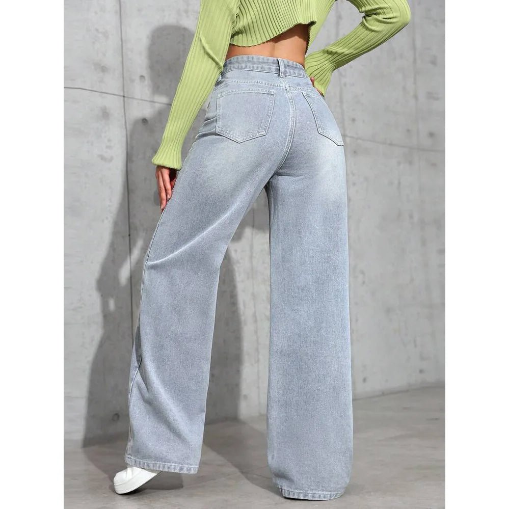 Denim Wide Leg Pants Women Jeans High Waist Straight Trousers Distressed Washed Pockets 2025 Loose Floor Length Streetwear - Clothesfassion.store