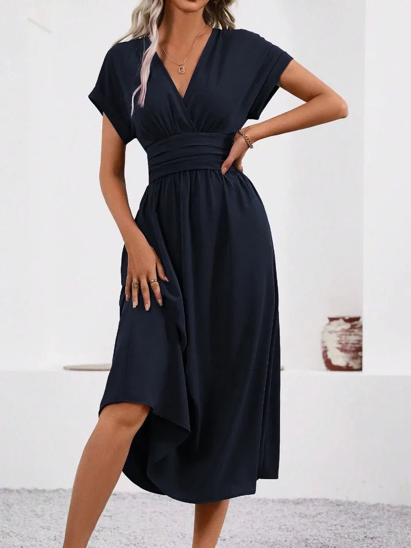 Dresses 2026 Woman Summer Solid - Color V - Neck Batwing - Sleeve Pleated Long Elegant Dress Woman Clothing Tops Skirts Y2k Clothes - Clothesfassion.store