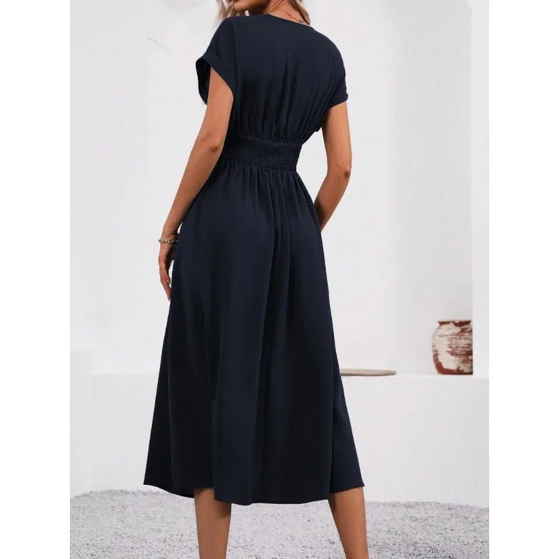 Dresses 2026 Woman Summer Solid - Color V - Neck Batwing - Sleeve Pleated Long Elegant Dress Woman Clothing Tops Skirts Y2k Clothes - Clothesfassion.store