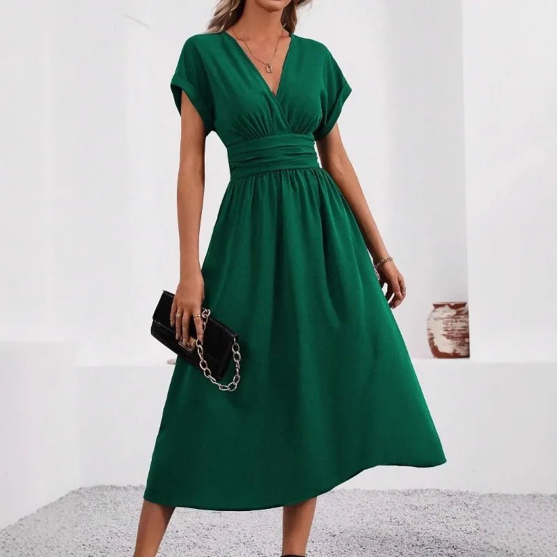 Dresses 2026 Woman Summer Solid - Color V - Neck Batwing - Sleeve Pleated Long Elegant Dress Woman Clothing Tops Skirts Y2k Clothes - Clothesfassion.store