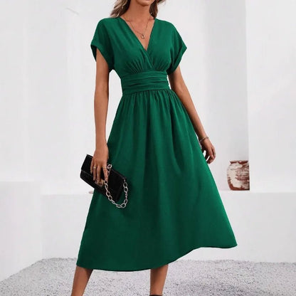 Dresses 2026 Woman Summer Solid - Color V - Neck Batwing - Sleeve Pleated Long Elegant Dress Woman Clothing Tops Skirts Y2k Clothes - Clothesfassion.store