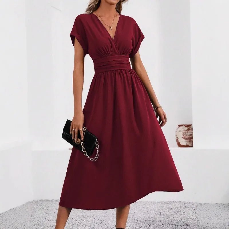 Dresses 2026 Woman Summer Solid - Color V - Neck Batwing - Sleeve Pleated Long Elegant Dress Woman Clothing Tops Skirts Y2k Clothes - Clothesfassion.store