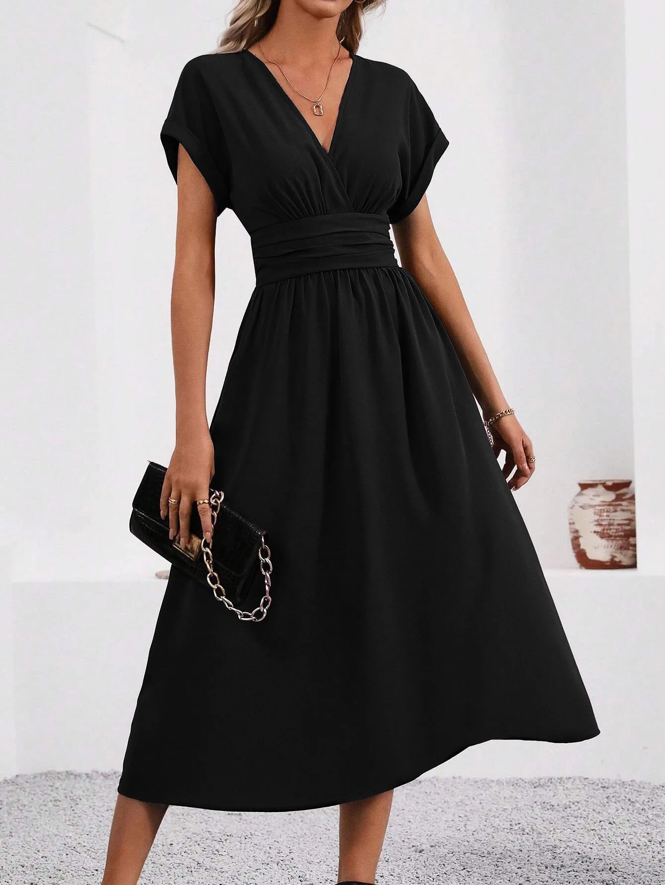 Dresses 2026 Woman Summer Solid - Color V - Neck Batwing - Sleeve Pleated Long Elegant Dress Woman Clothing Tops Skirts Y2k Clothes - Clothesfassion.store