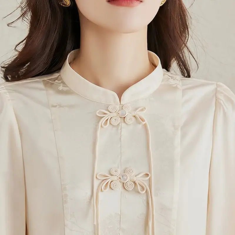 Early Spring Tops for Women Shirts for Spring Wear 2025 New French Temperament New Chinese Puff Sleeve Cardigan - Clothesfassion.store