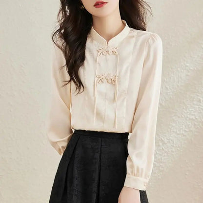 Early Spring Tops for Women Shirts for Spring Wear 2025 New French Temperament New Chinese Puff Sleeve Cardigan - Clothesfassion.store