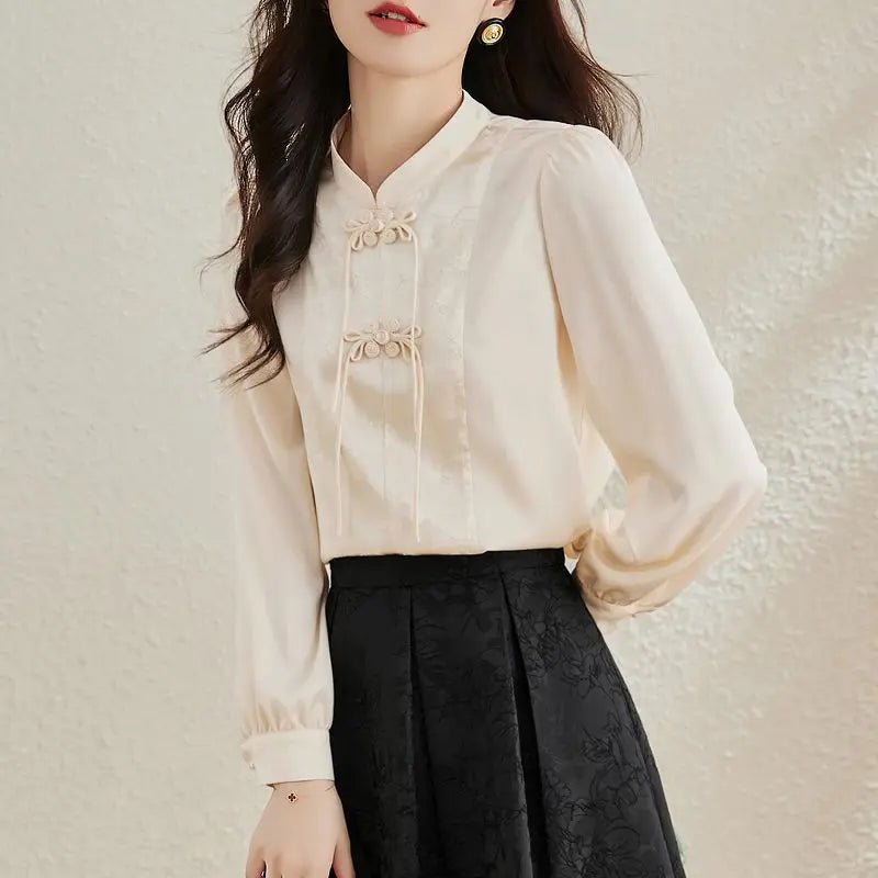 Early Spring Tops for Women Shirts for Spring Wear 2025 New French Temperament New Chinese Puff Sleeve Cardigan - Clothesfassion.store