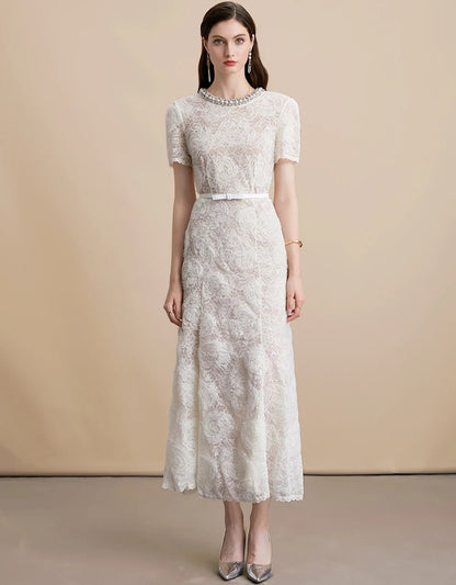 Elegant French Mature & Poised Lace with Diamond Collar Women Dress Flower Pattern Decoration Wear A - Line Chic Lady Dress - Clothesfassion.store