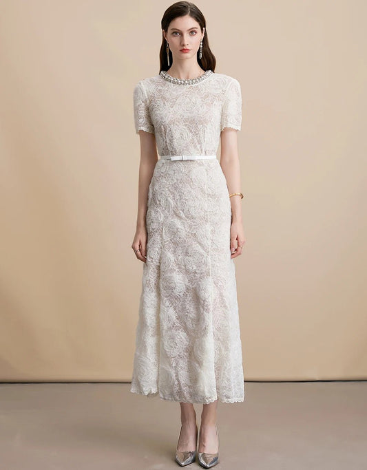 Elegant French Mature & Poised Lace with Diamond Collar Women Dress Flower Pattern Decoration Wear A - Line Chic Lady Dress - Clothesfassion.store