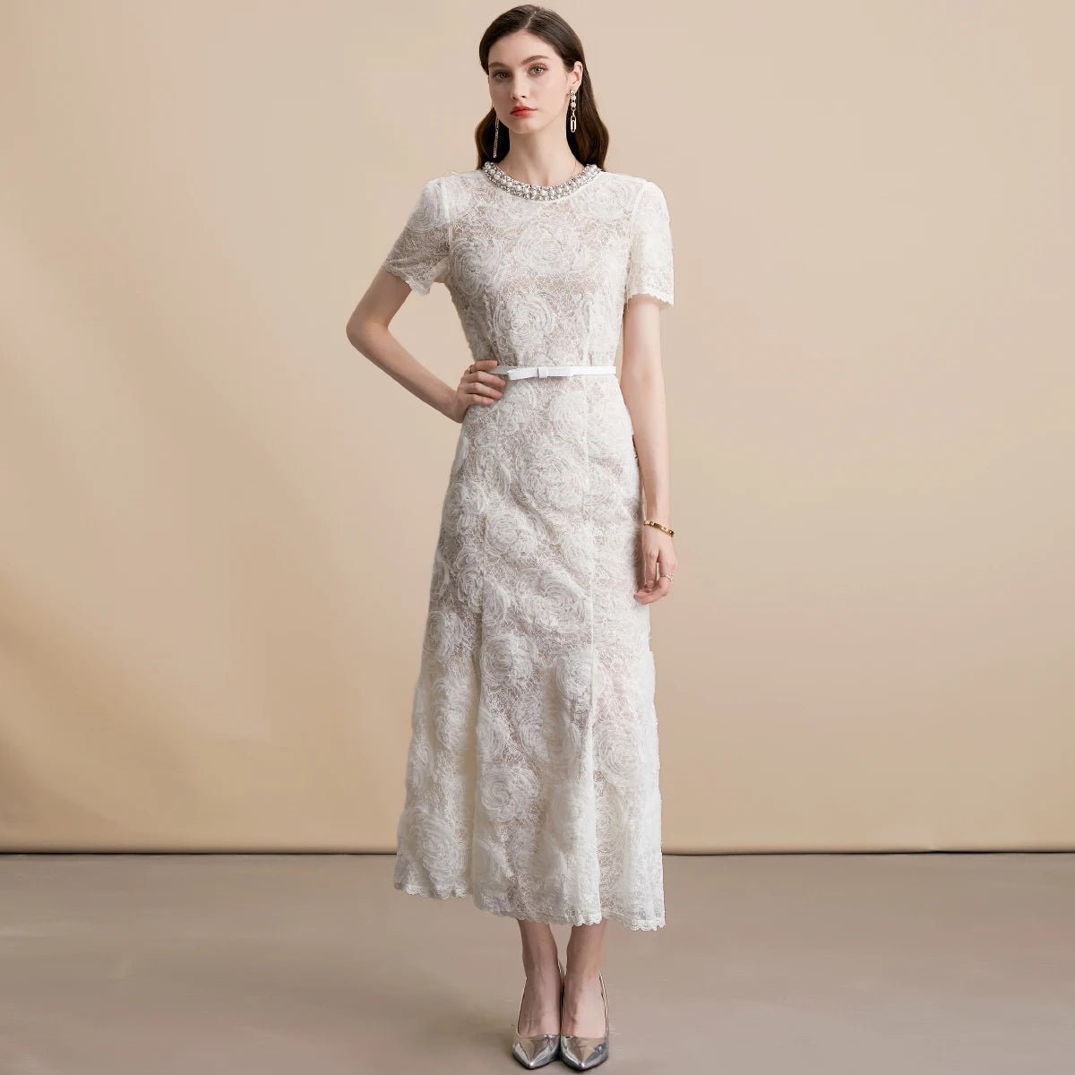 Elegant French Mature & Poised Lace with Diamond Collar Women Dress Flower Pattern Decoration Wear A - Line Chic Lady Dress - Clothesfassion.store