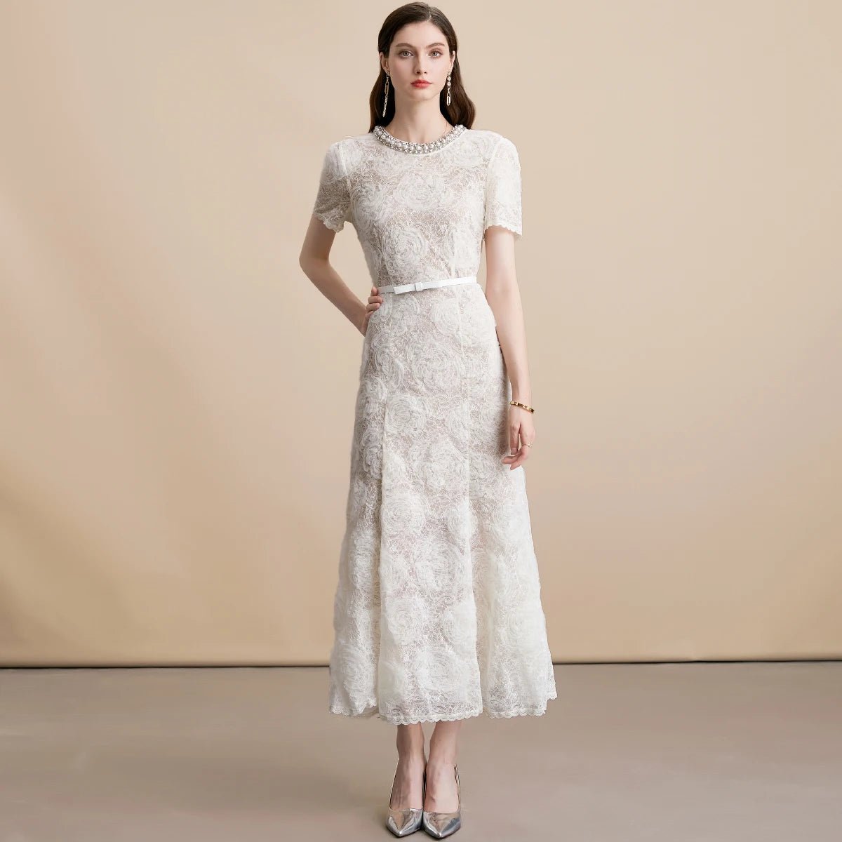 Elegant French Mature & Poised Lace with Diamond Collar Women Dress Flower Pattern Decoration Wear A - Line Chic Lady Dress - Clothesfassion.store