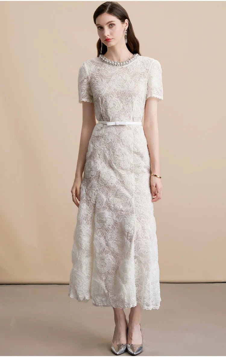 Elegant French Mature & Poised Lace with Diamond Collar Women Dress Flower Pattern Decoration Wear A - Line Chic Lady Dress - Clothesfassion.store
