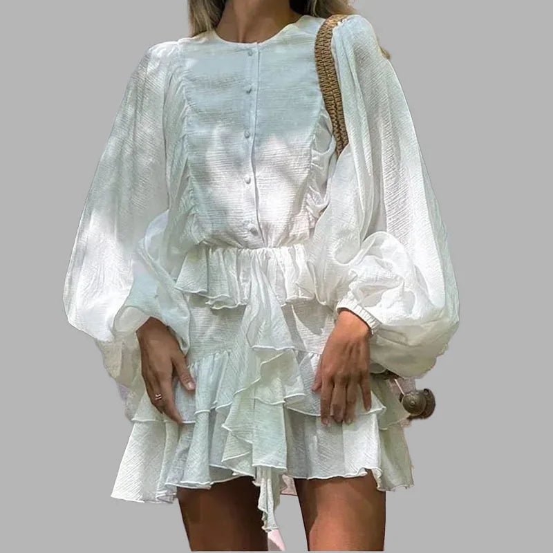 Elegant Lantern Sleeve Ruffle Edge Women Dress Casual O - Neck Pleated Single Breasted Loose Short Skirt Holiday Banquet Dress - Clothesfassion.store