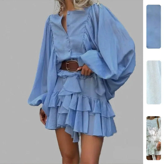 Elegant Lantern Sleeve Ruffle Edge Women Dress Casual O - Neck Pleated Single Breasted Loose Short Skirt Holiday Banquet Dress - Clothesfassion.store