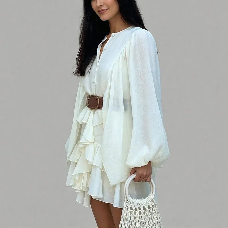 Elegant Lantern Sleeve Ruffle Edge Women Dress Casual O - Neck Pleated Single Breasted Loose Short Skirt Holiday Banquet Dress - Clothesfassion.store