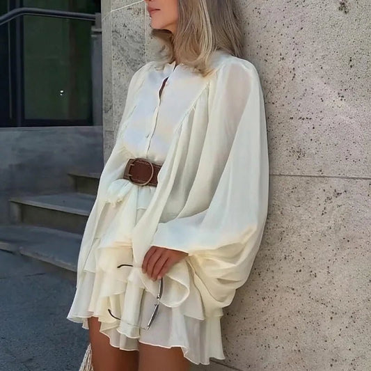 Elegant Lantern Sleeve Ruffle Edge Women Dress Casual O - Neck Pleated Single Breasted Loose Short Skirt Holiday Banquet Dress - Clothesfassion.store