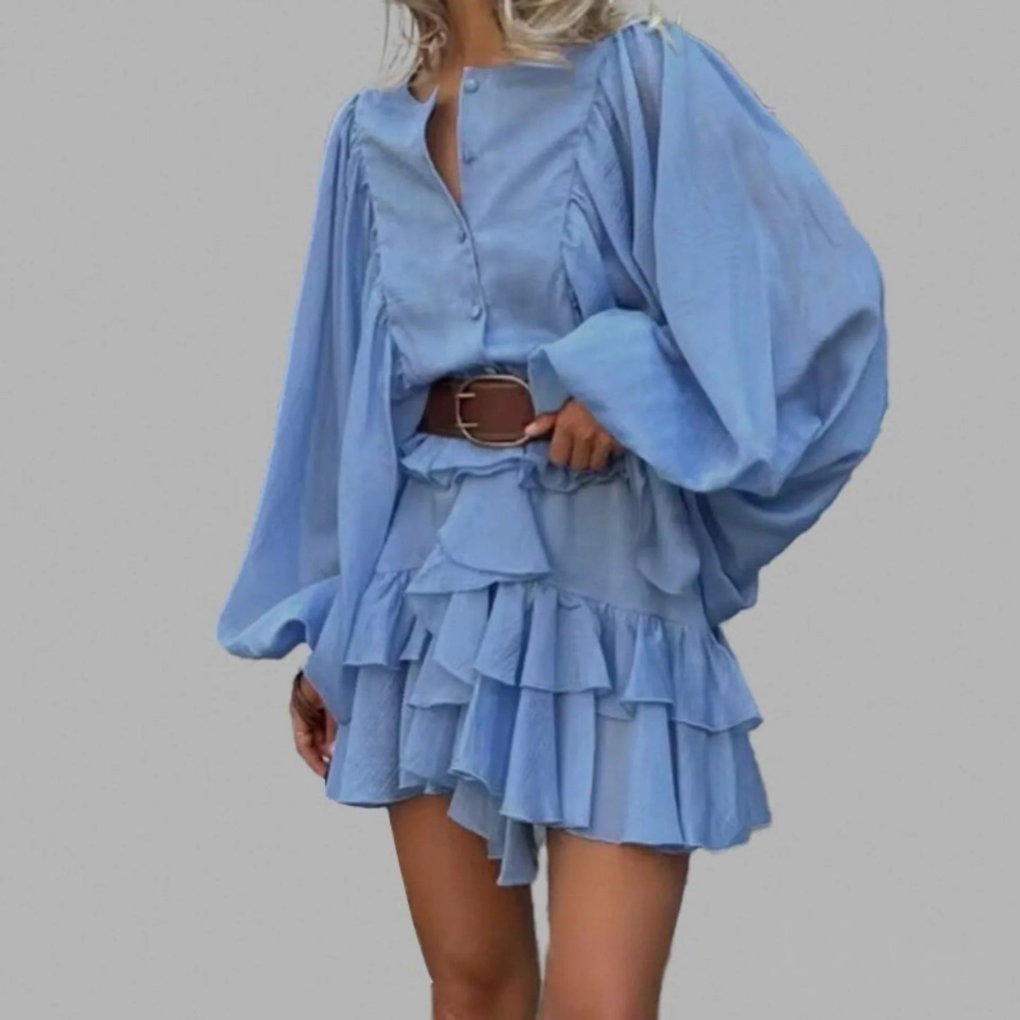 Elegant Lantern Sleeve Ruffle Edge Women Dress Casual O - Neck Pleated Single Breasted Loose Short Skirt Holiday Banquet Dress - Clothesfassion.store
