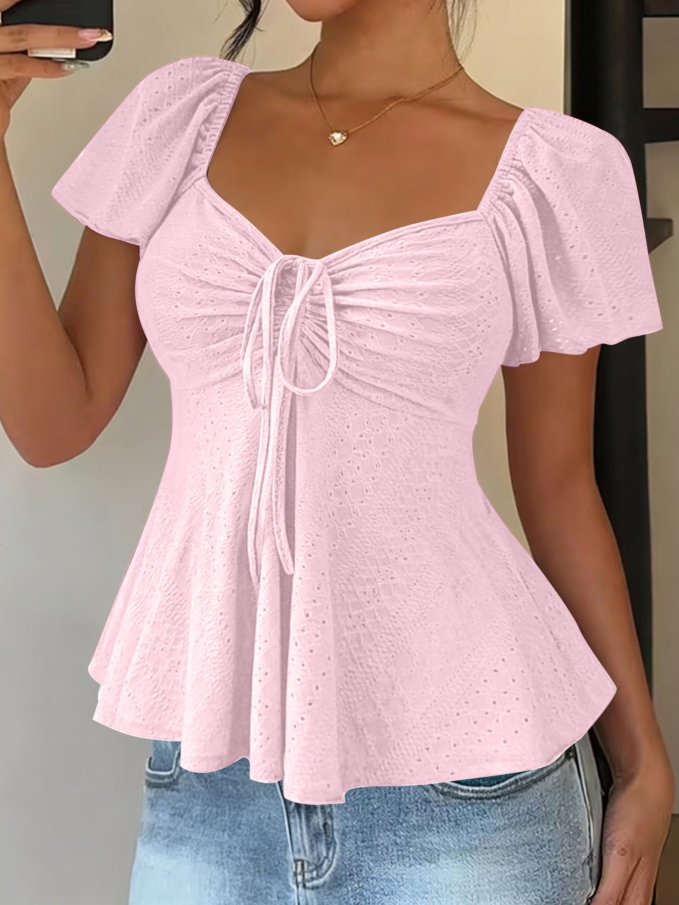 Euramerican V-neck Drawstring Tie-up Top - Clothesfassion.store