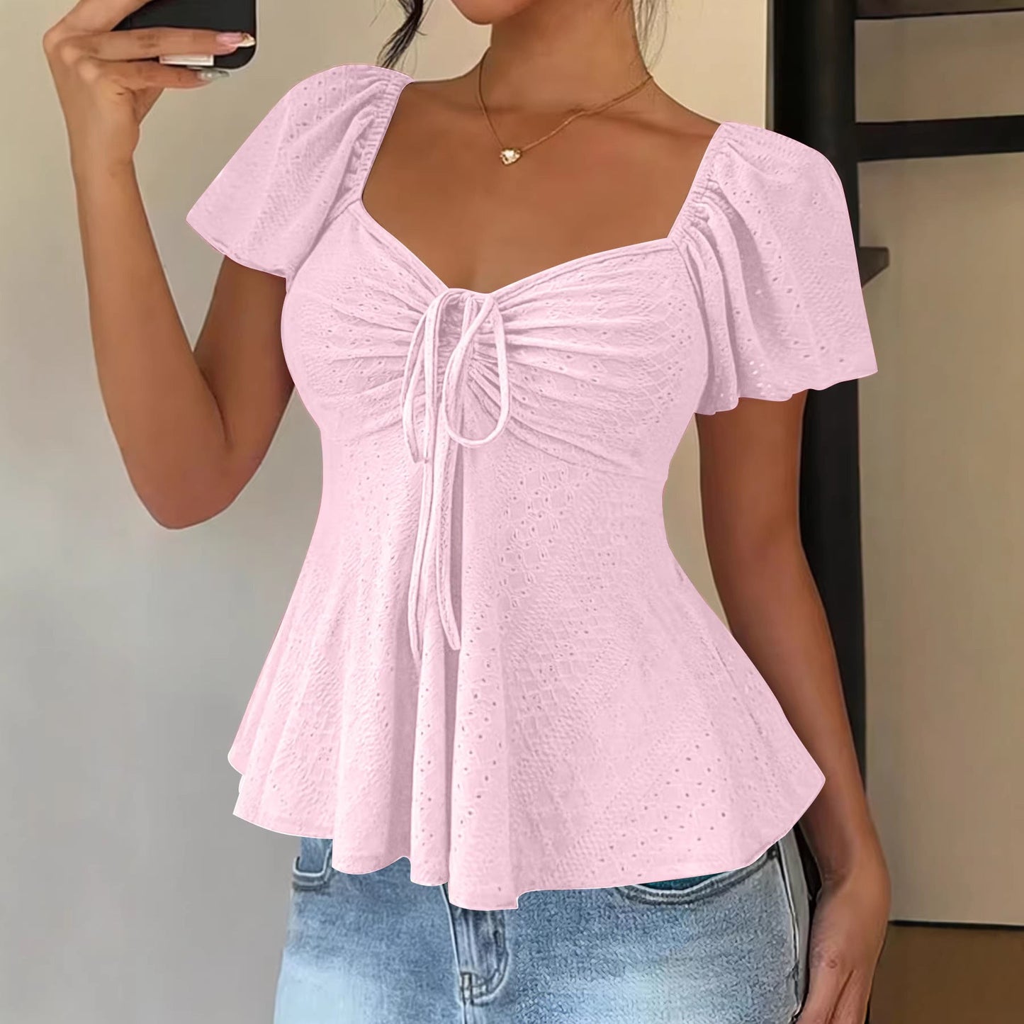 Euramerican V-neck Drawstring Tie-up Top - Clothesfassion.store