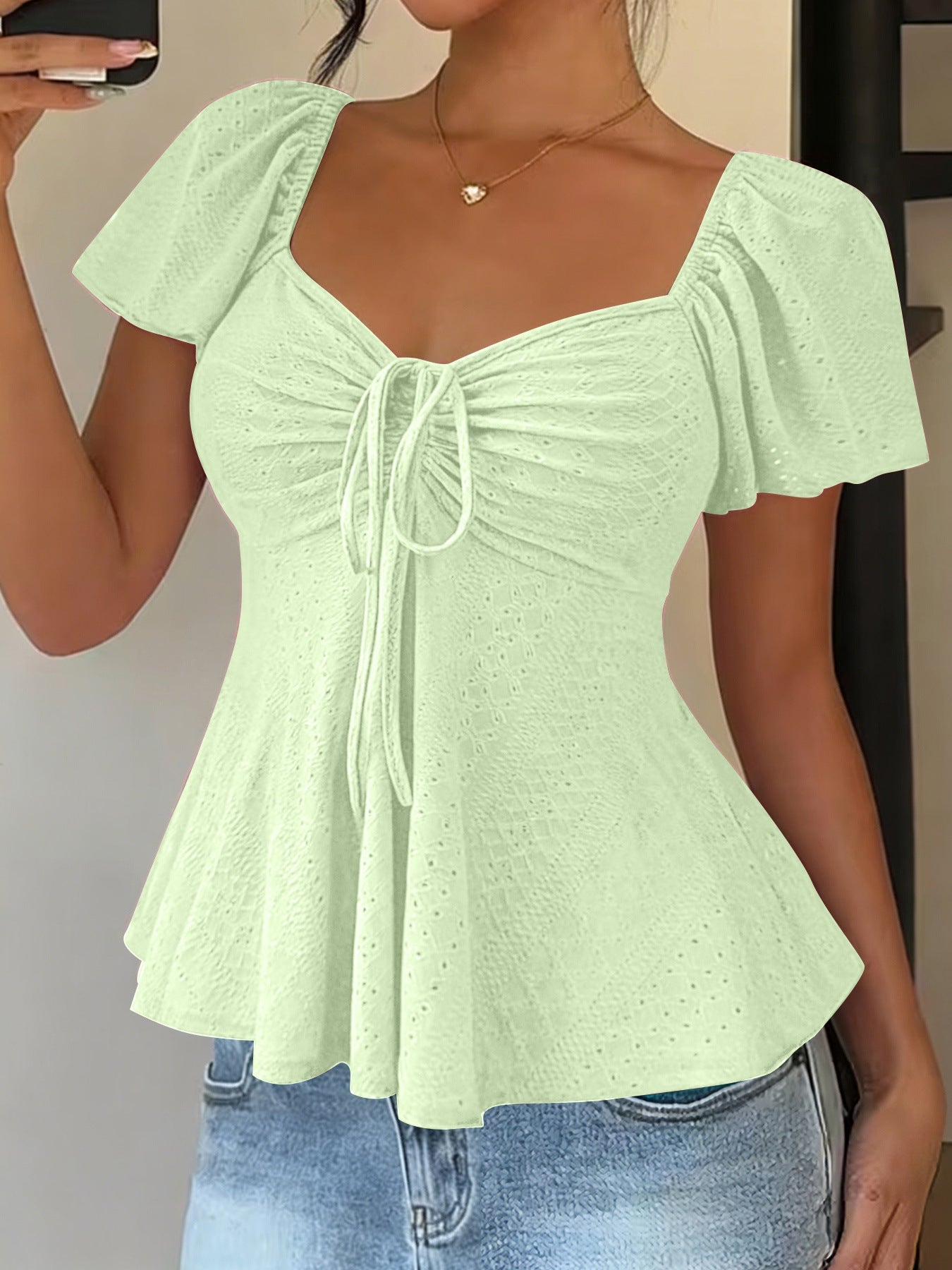 Euramerican V-neck Drawstring Tie-up Top - Clothesfassion.store