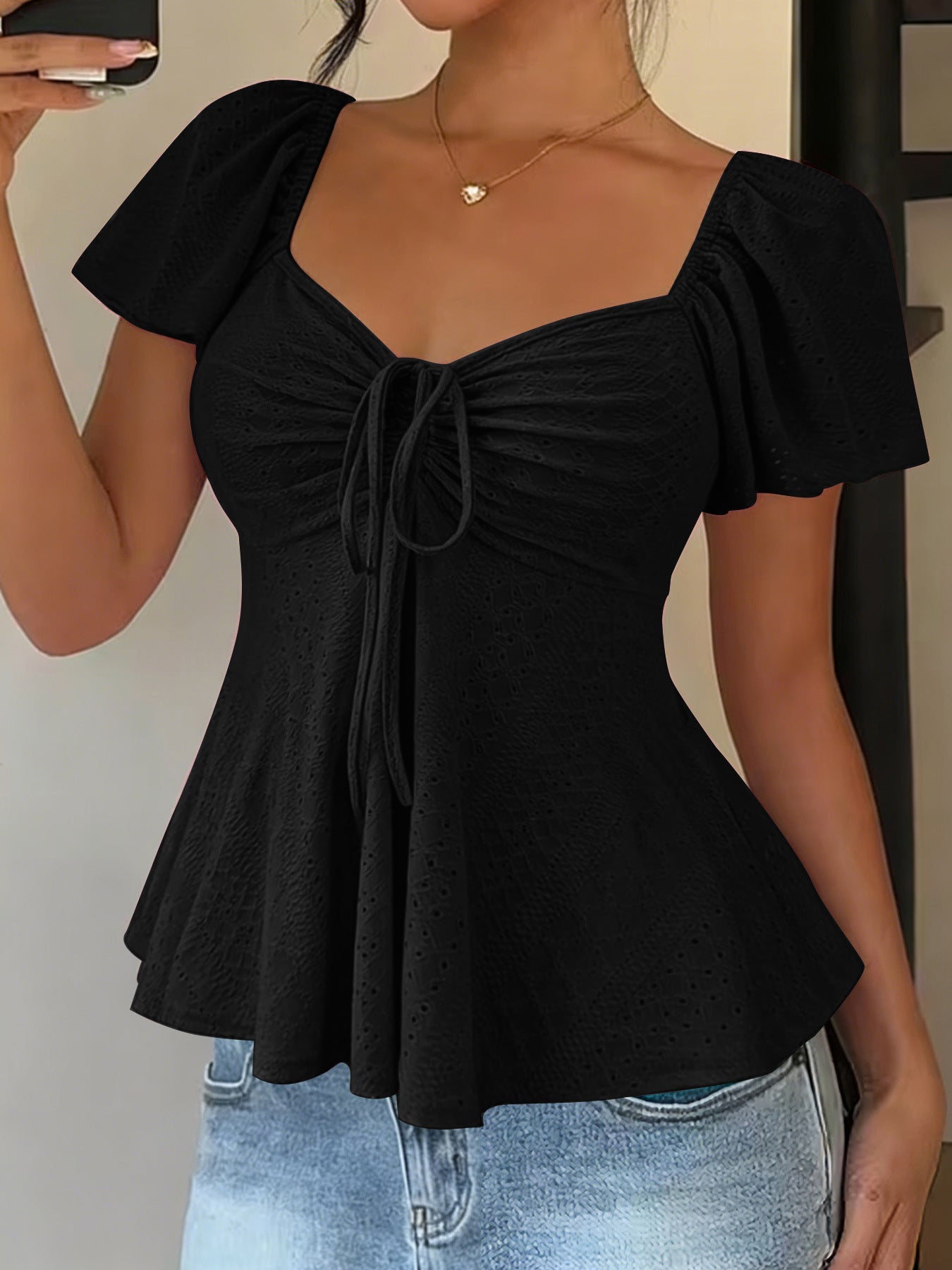 Euramerican V-neck Drawstring Tie-up Top - Clothesfassion.store