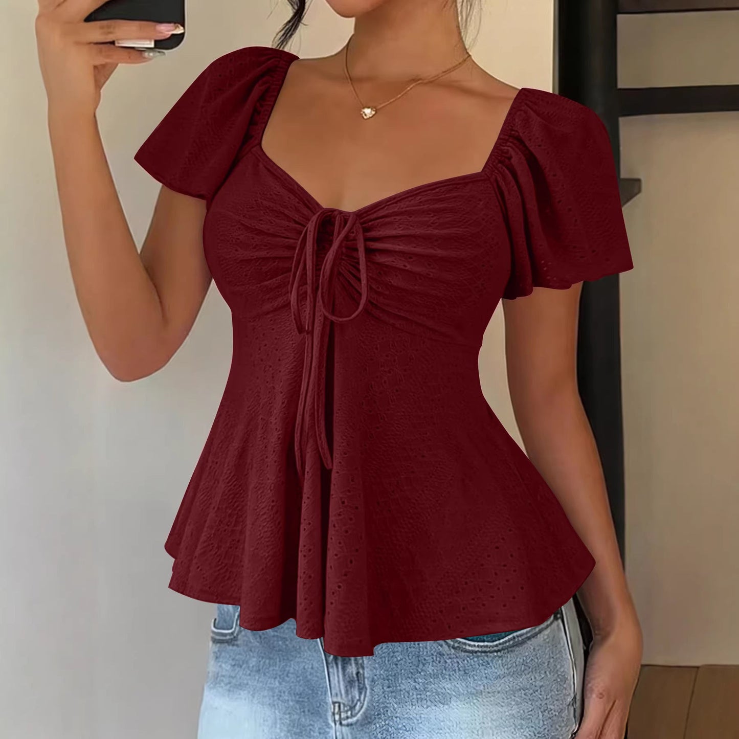 Euramerican V-neck Drawstring Tie-up Top - Clothesfassion.store