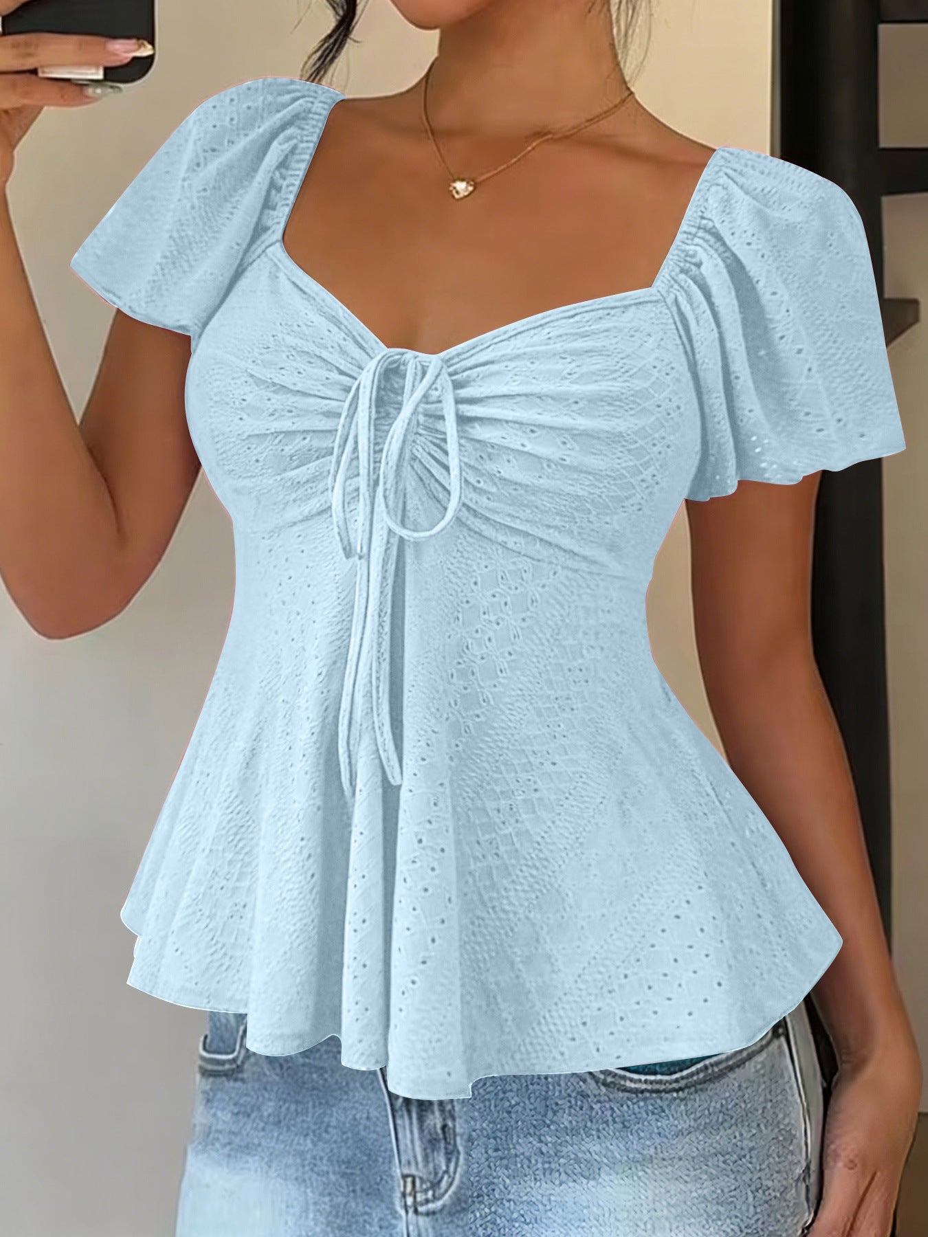 Euramerican V-neck Drawstring Tie-up Top - Clothesfassion.store